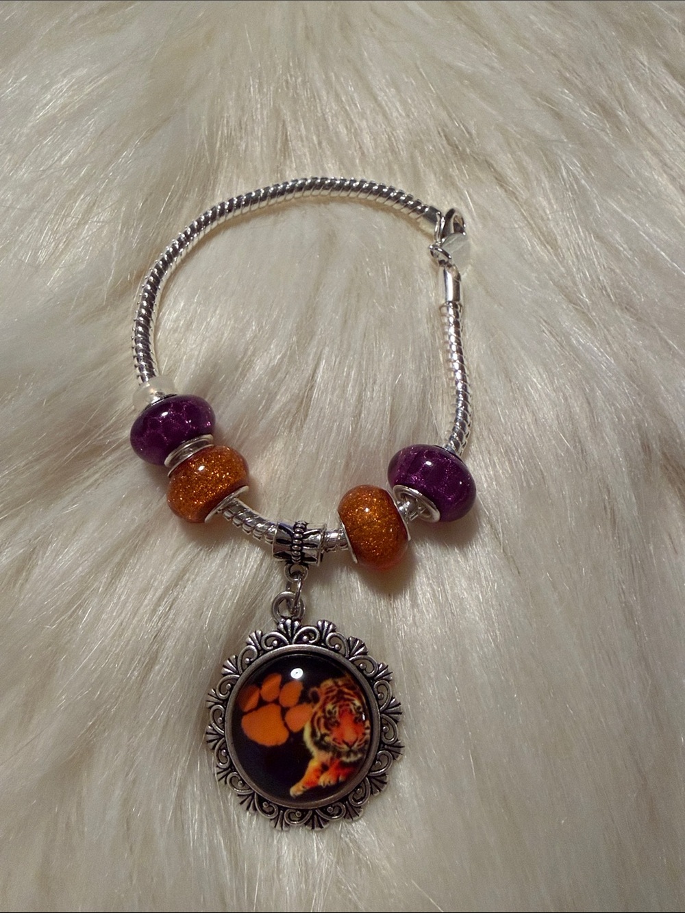 Clemson   Tiger  Bracelet with Purple and Orange Beads